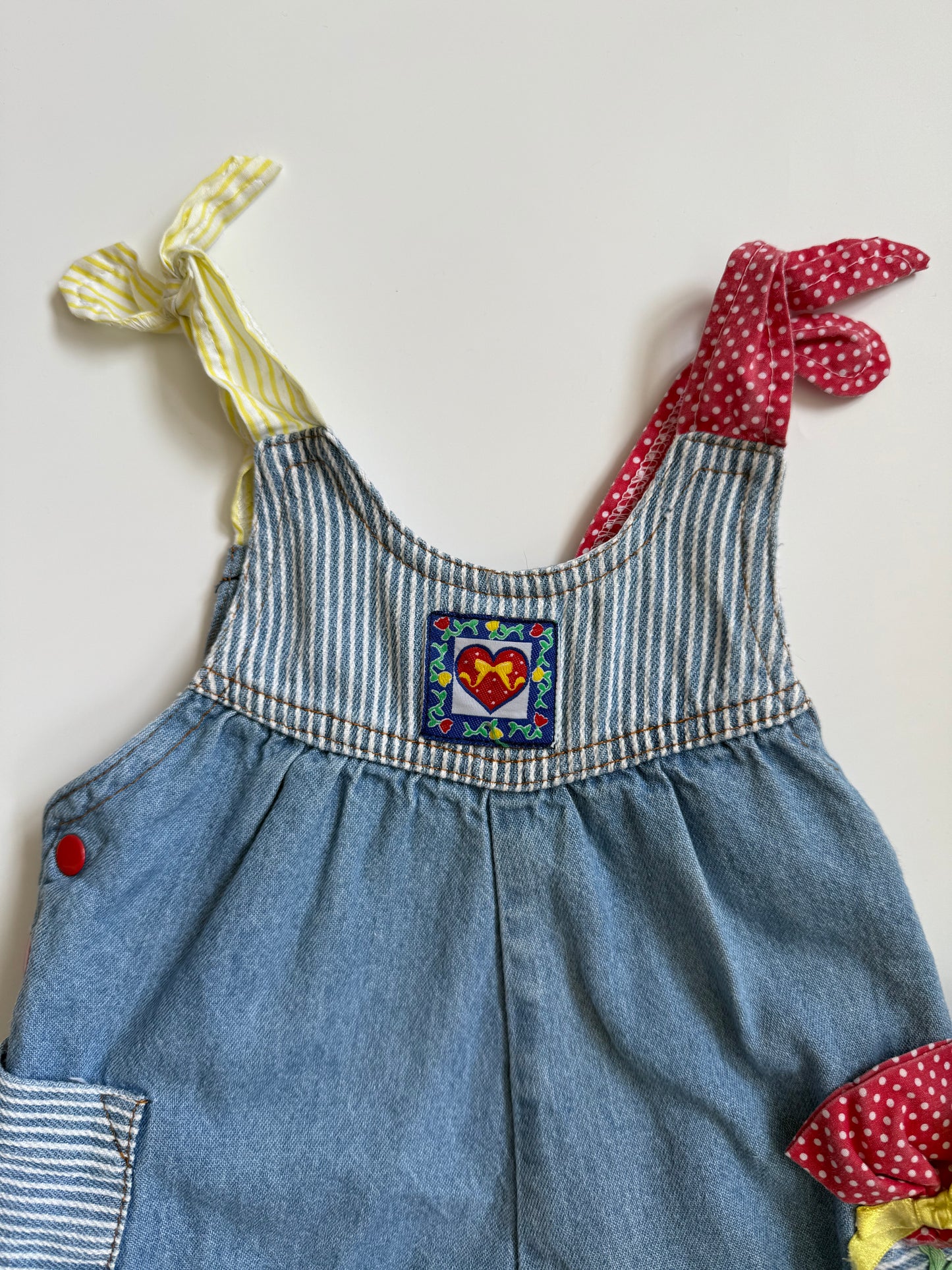 Vintage 'Vitamins' Patchwork Bow Denim Romper- (3-6M) * see description