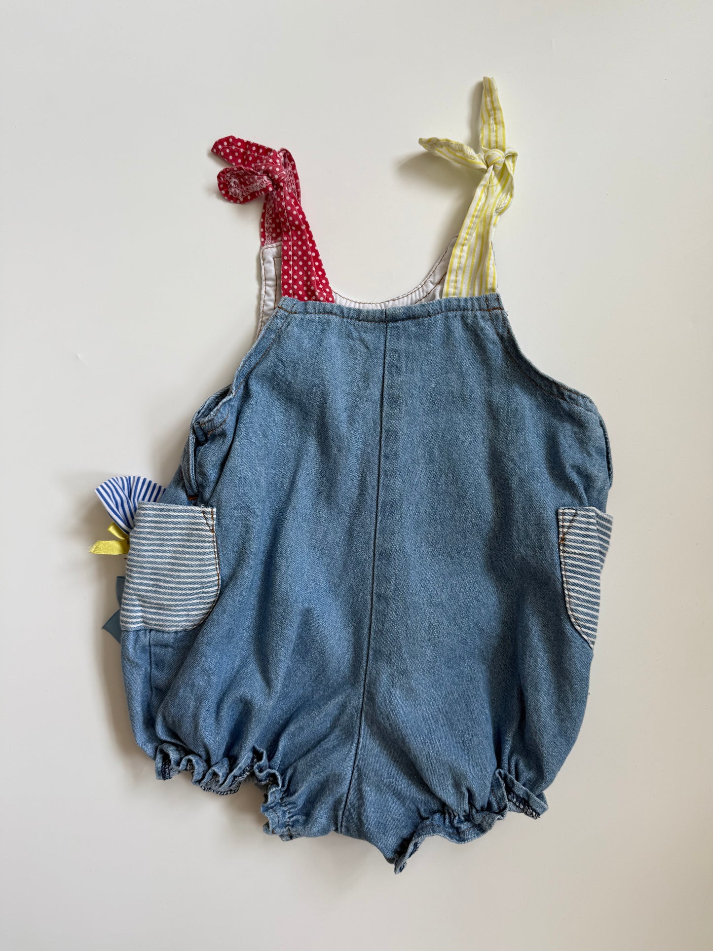 Vintage 'Vitamins' Patchwork Bow Denim Romper- (3-6M) * see description