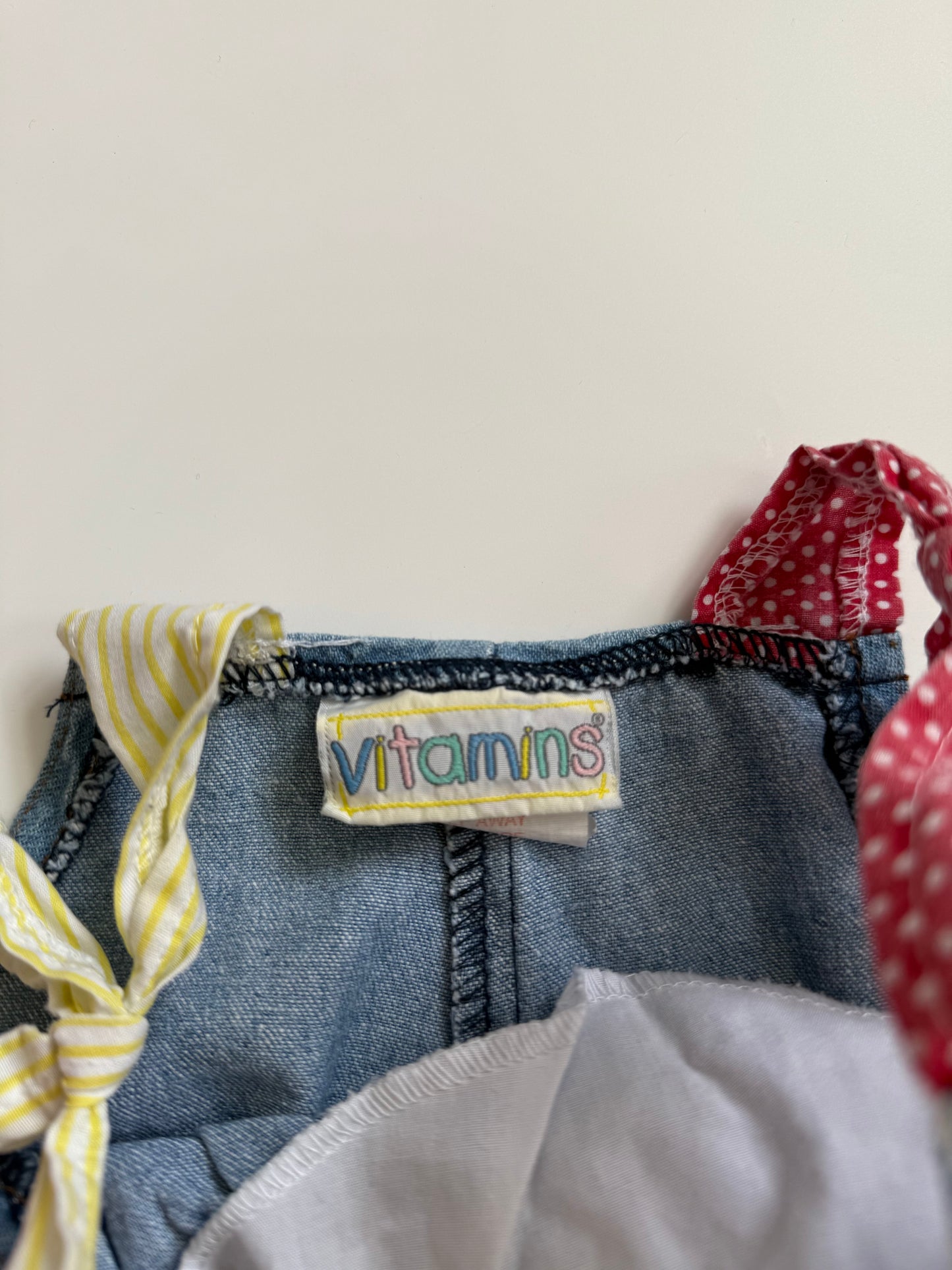Vintage 'Vitamins' Patchwork Bow Denim Romper- (3-6M) * see description