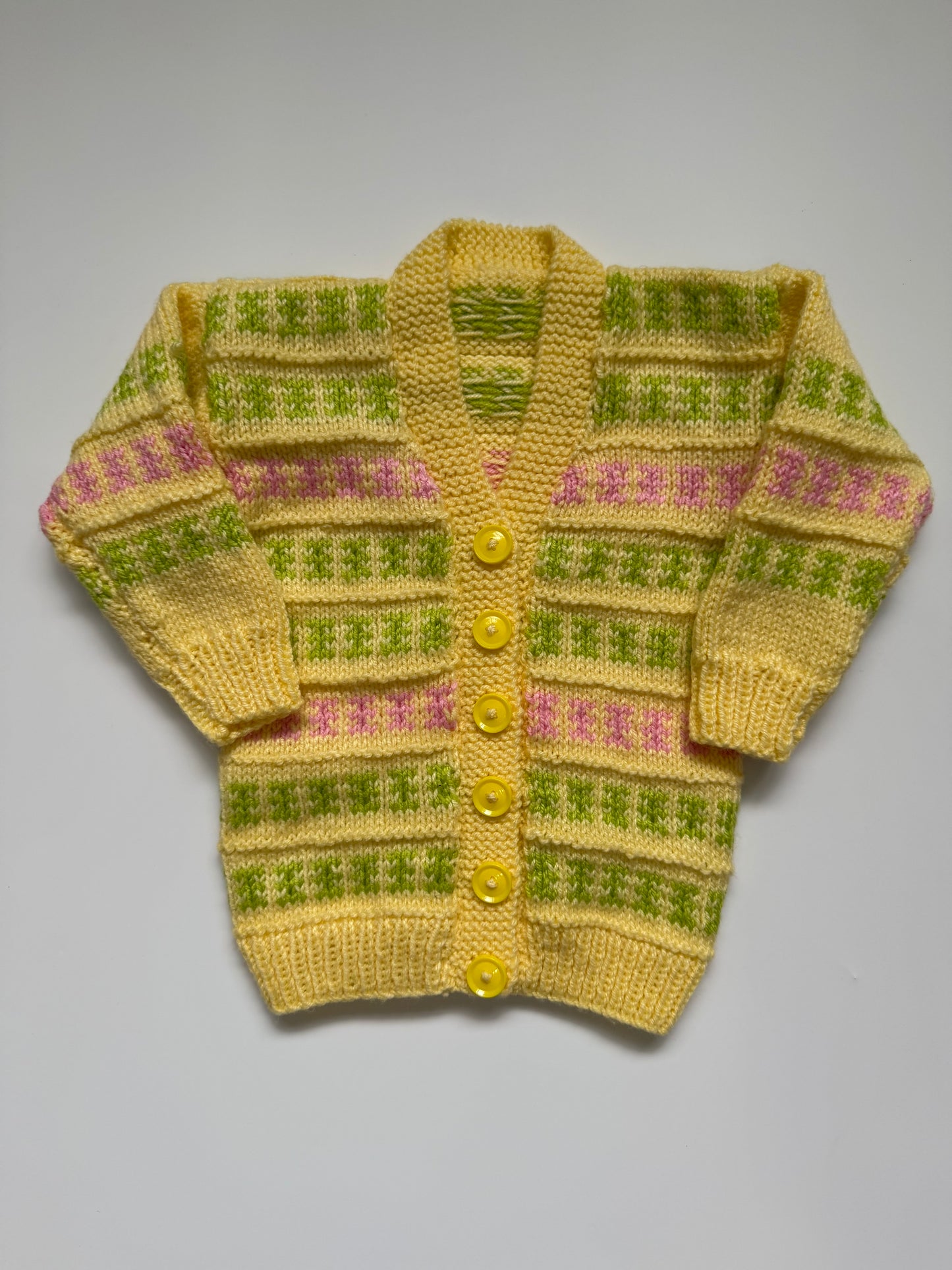 Hand knitted yellow green pink cardigan (12-18M)