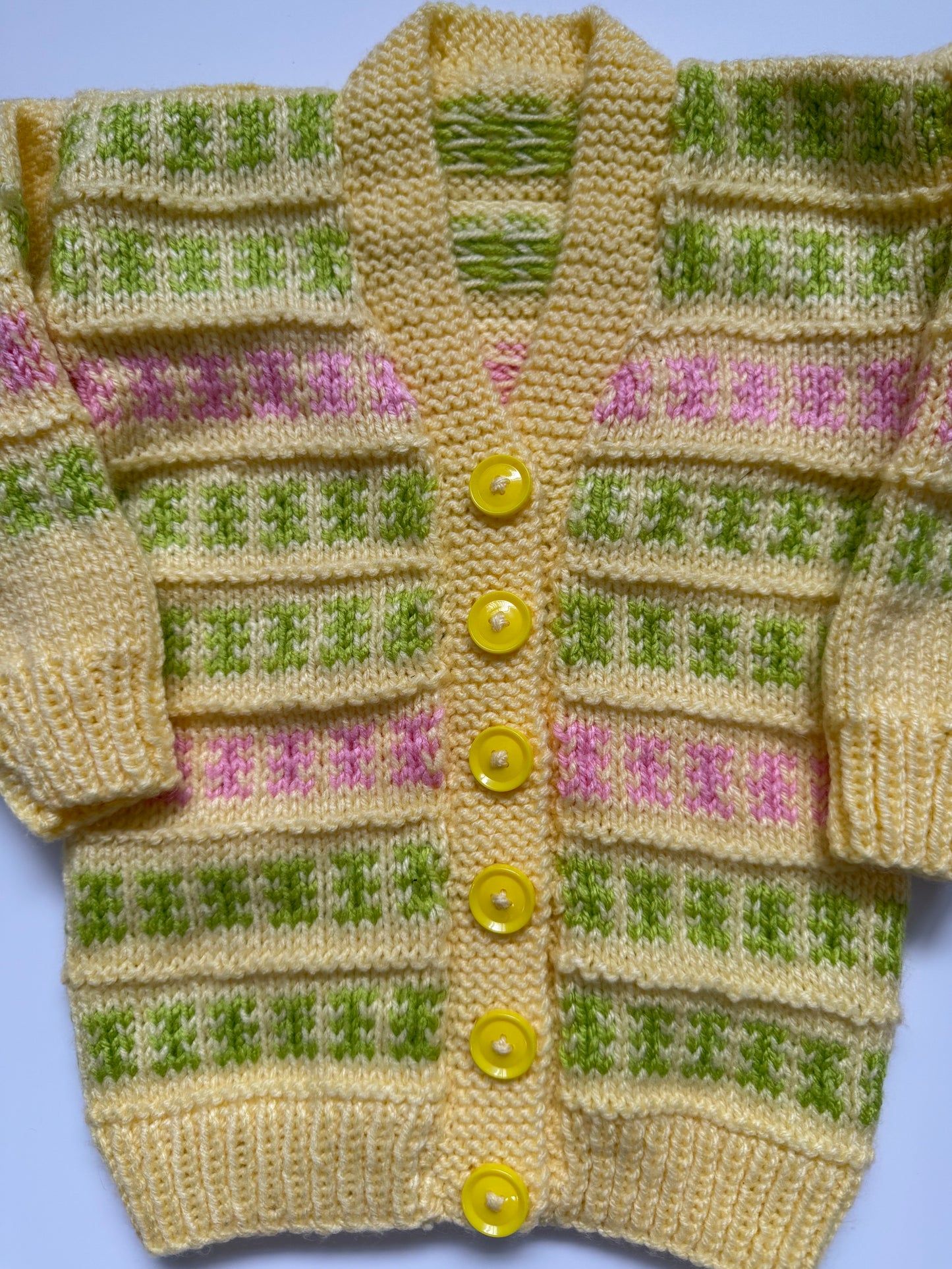 Hand knitted yellow green pink cardigan (12-18M)