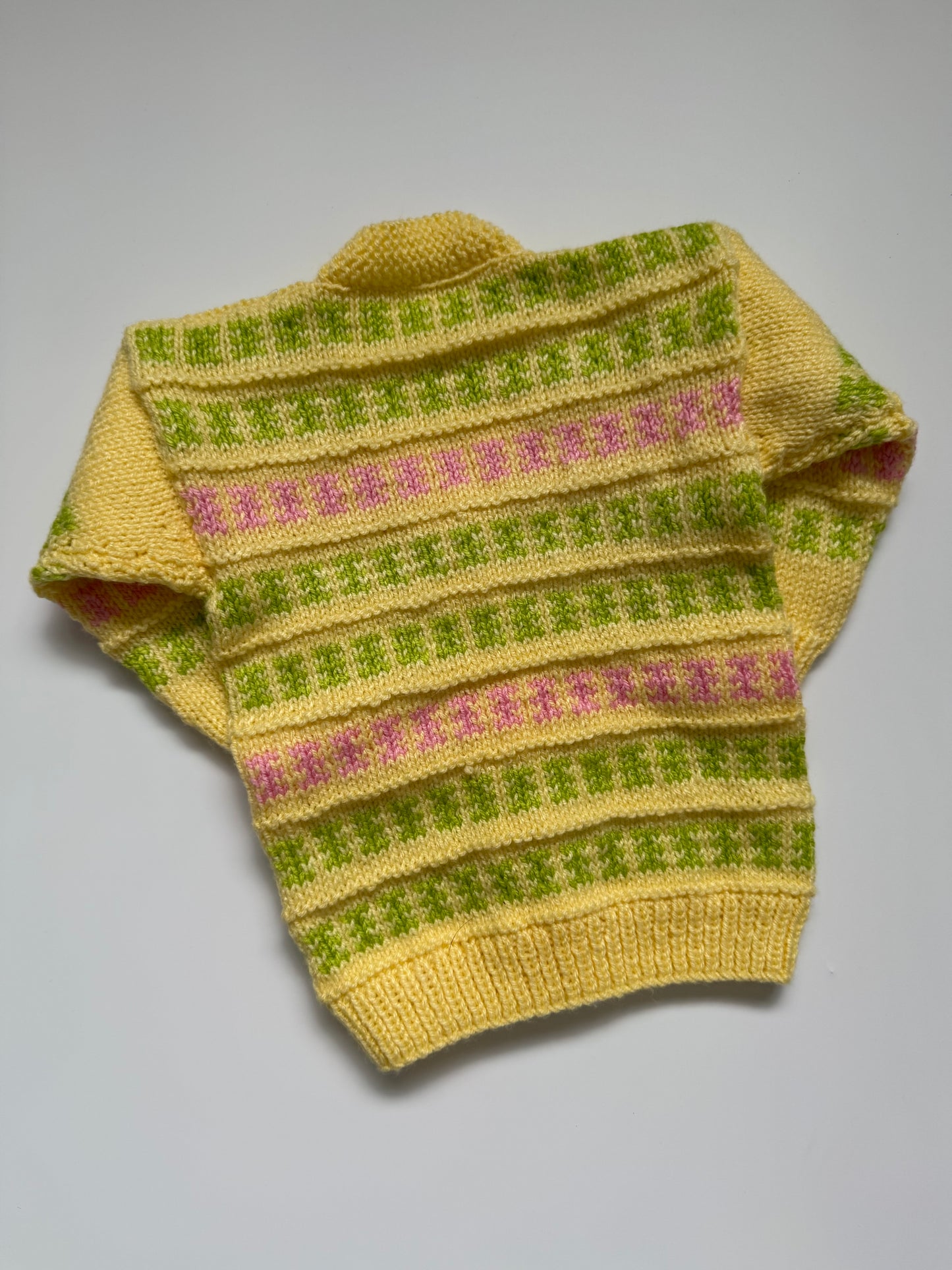 Hand knitted yellow green pink cardigan (12-18M)