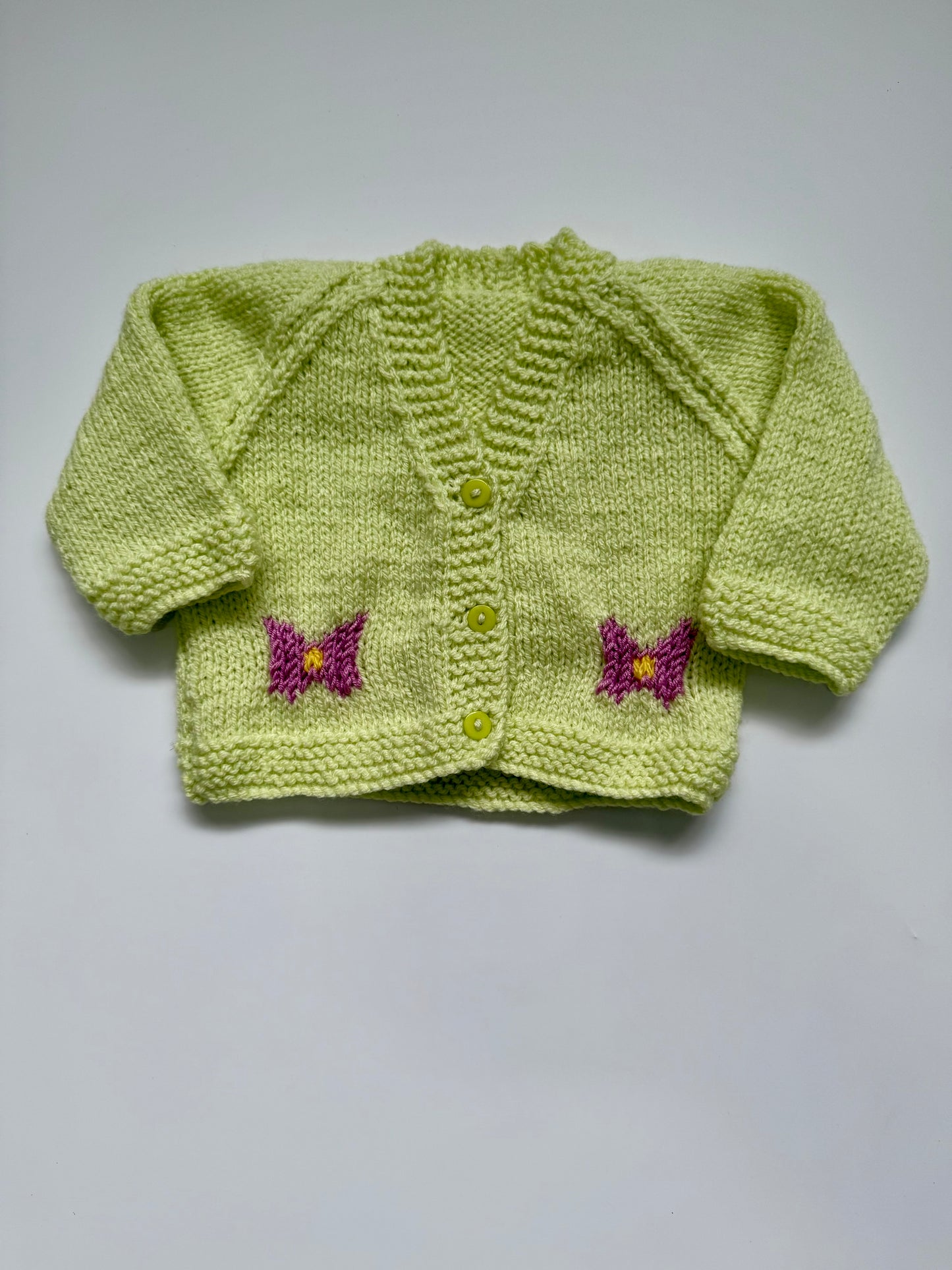 Hand knitted lime green cardigan (up to 1M)