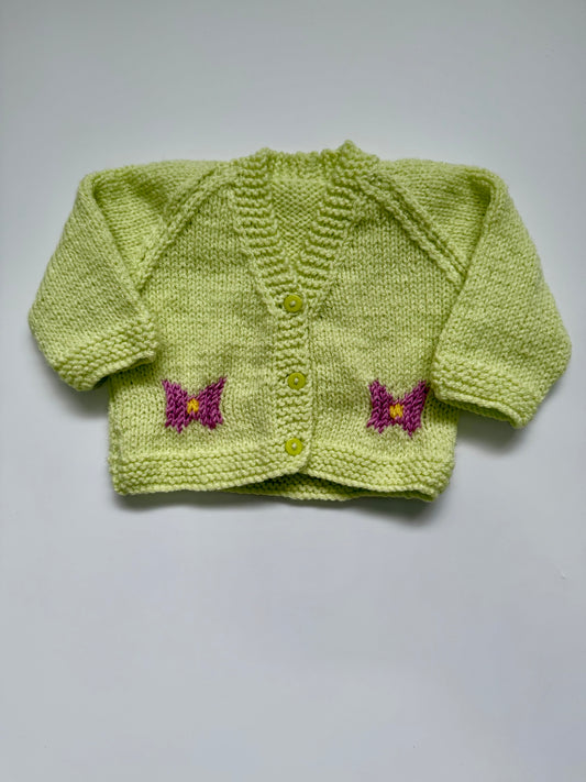Hand knitted lime green cardigan (up to 1M)