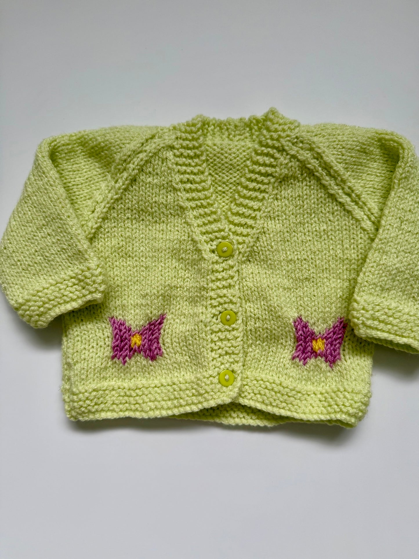 Hand knitted lime green cardigan (up to 1M)