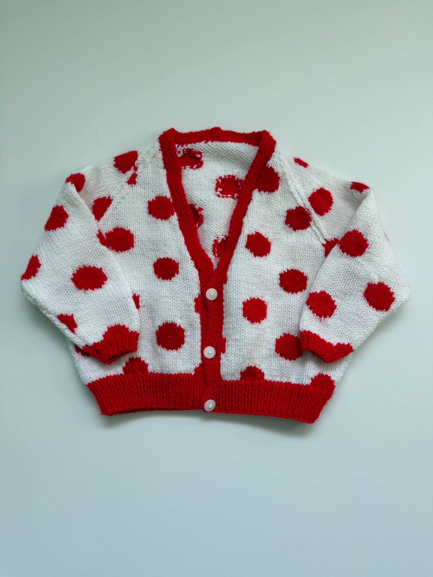 White & Red Retro Spotted Handknitted Cardigan (3-4Y)