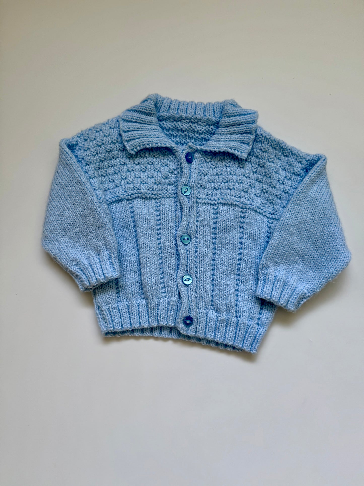 Hand knitted blue collared cardigan (12-18M)