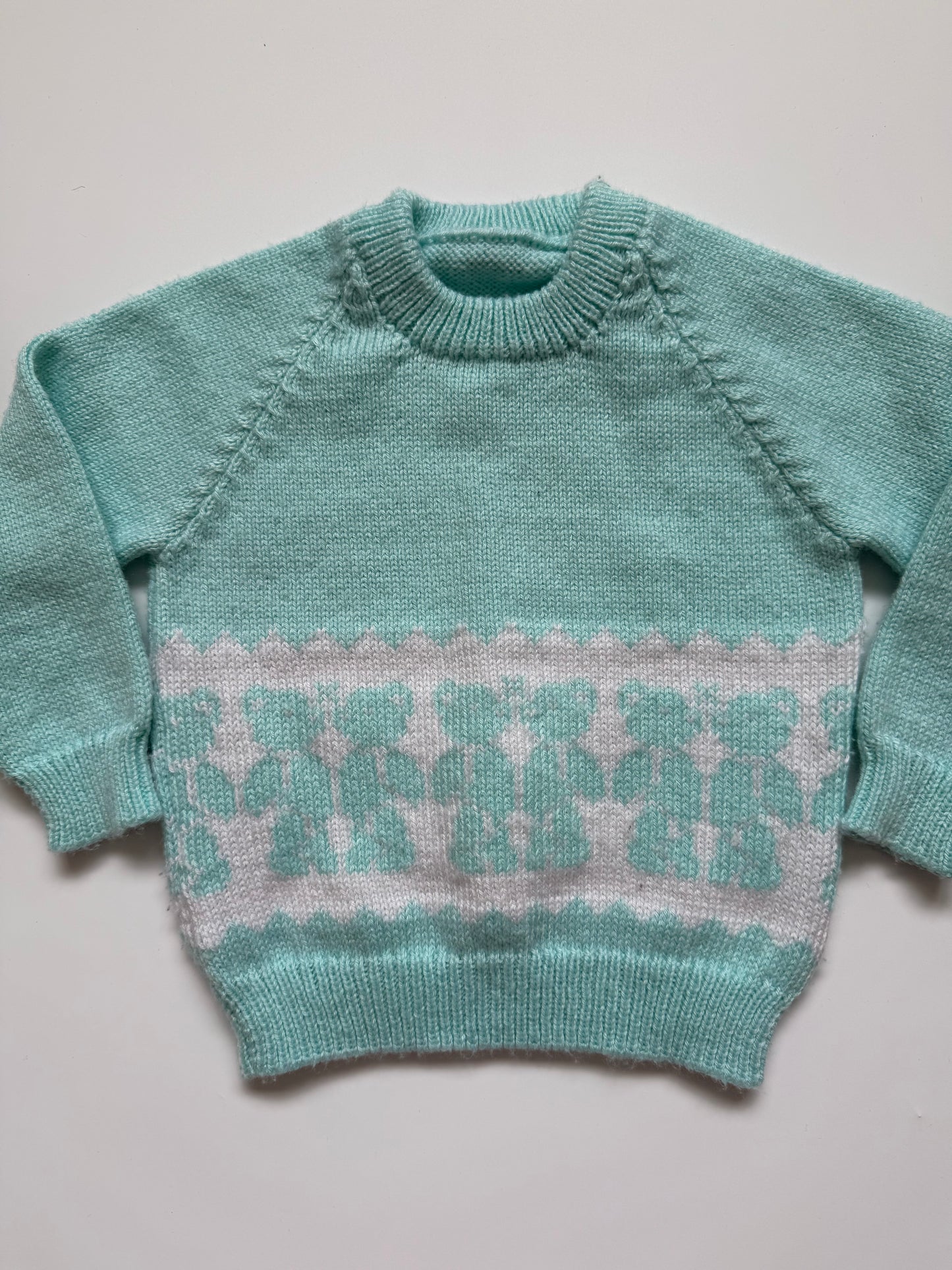 Vintage Knitted Mint Green Teddy Bear jumper (6-12M)