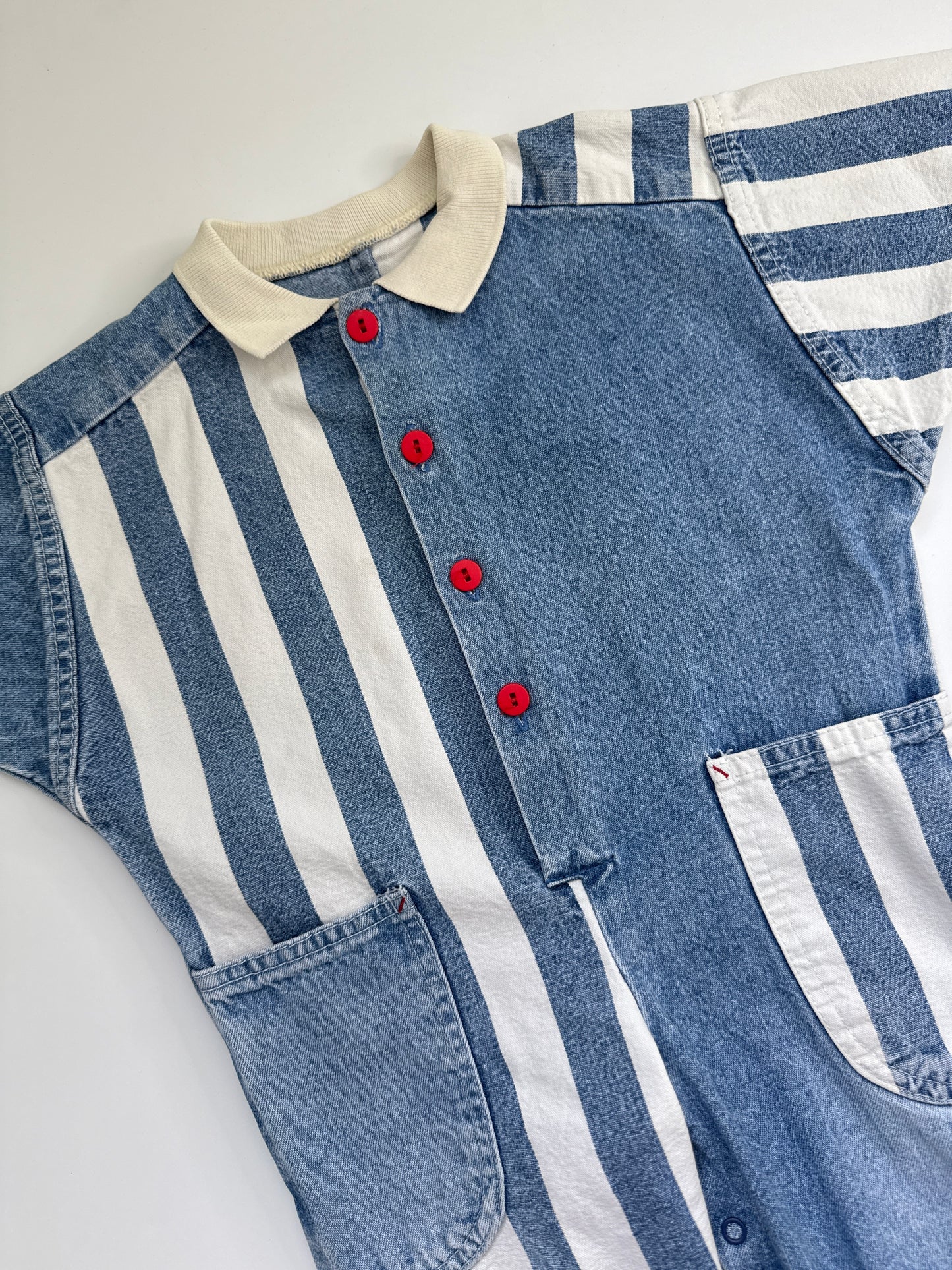 Vintage St Micheal Two-Tone Denim Striped Jumpsuit- Red Button Detail (12M)