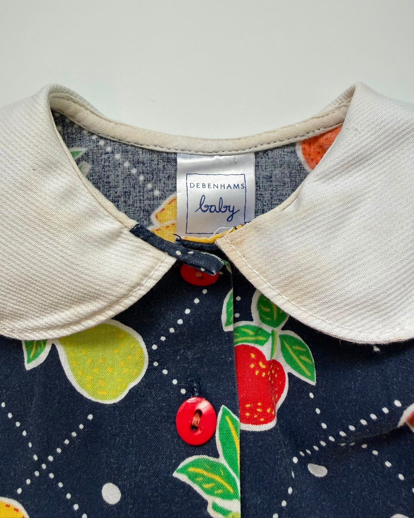 Vintage Debenhams Baby Fruit Print Peter Pan Collar Dress 6-9M