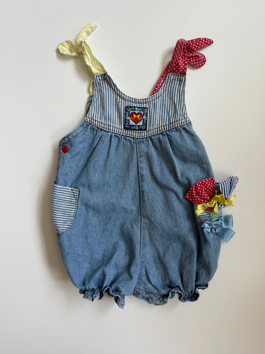 Vintage 'Vitamins' Patchwork Bow Denim Romper- (3-6M) * see description