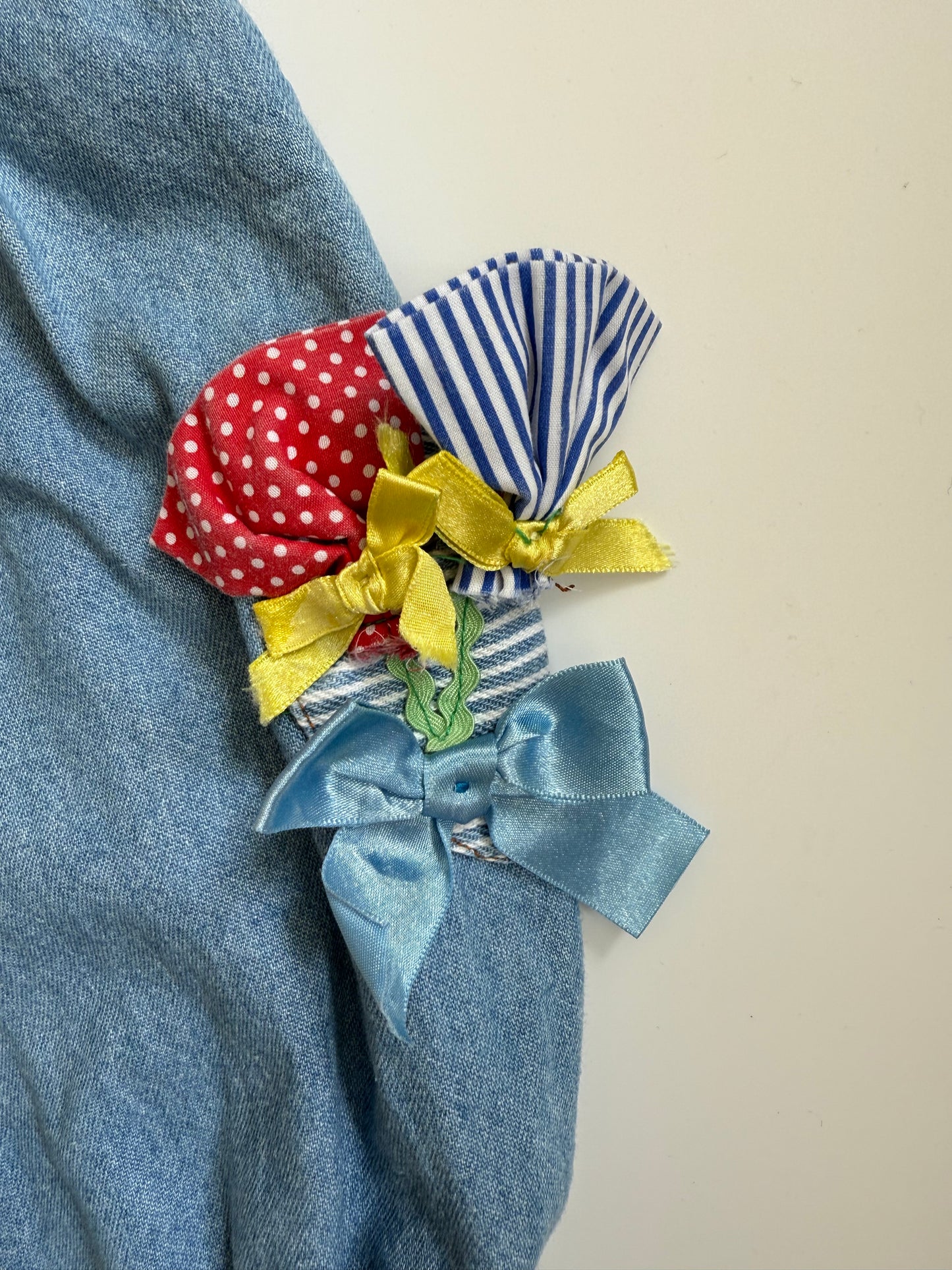 Vintage 'Vitamins' Patchwork Bow Denim Romper- (3-6M) * see description