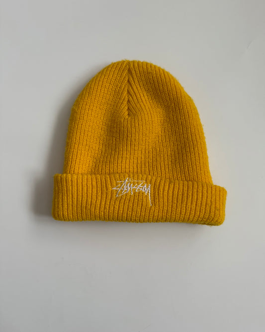 Stüssy mustard yellow knit beanie with embroidered logo