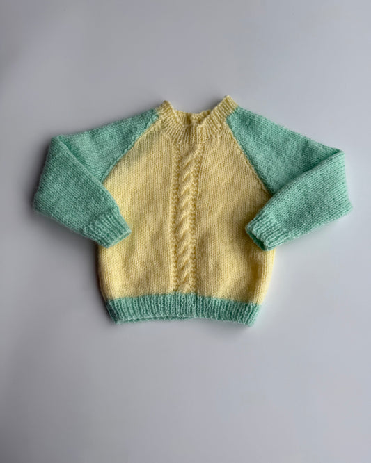 Hand Knit Baby Jumper Yellow & Turquoise Duck Buttons 6–9 Months