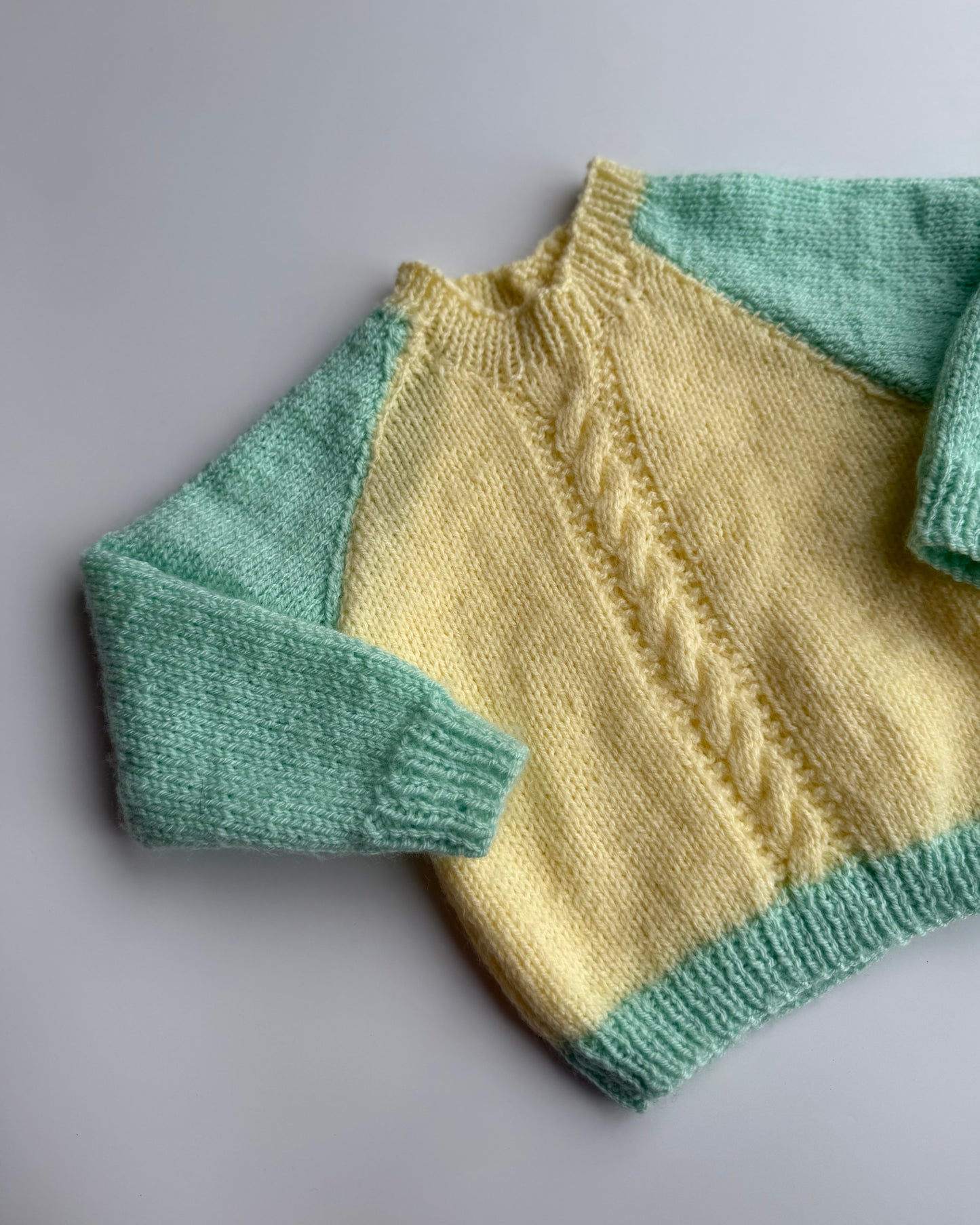 Hand Knit Baby Jumper Yellow & Turquoise Duck Buttons 6–9 Months
