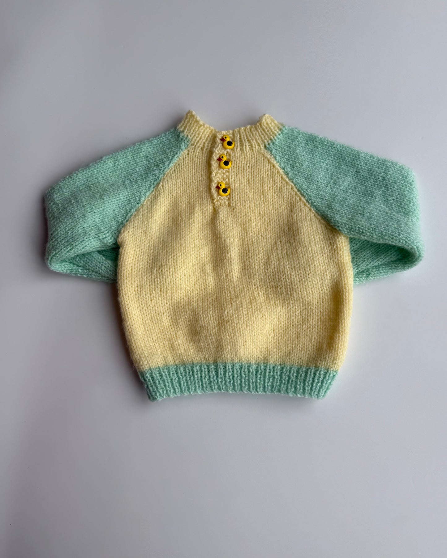 Hand Knit Baby Jumper Yellow & Turquoise Duck Buttons 6–9 Months