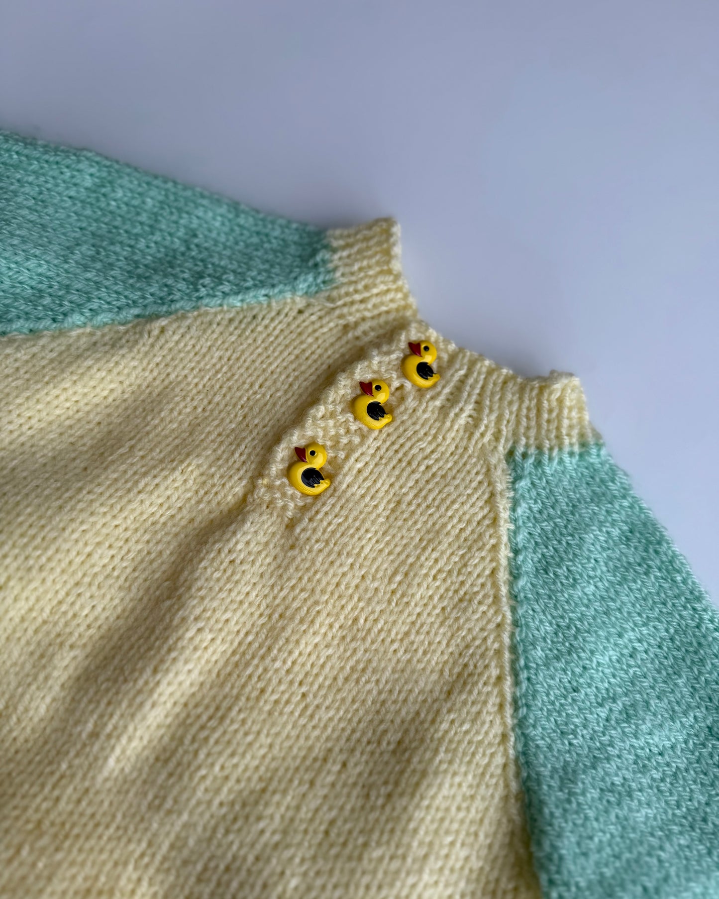 Hand Knit Baby Jumper Yellow & Turquoise Duck Buttons 6–9 Months