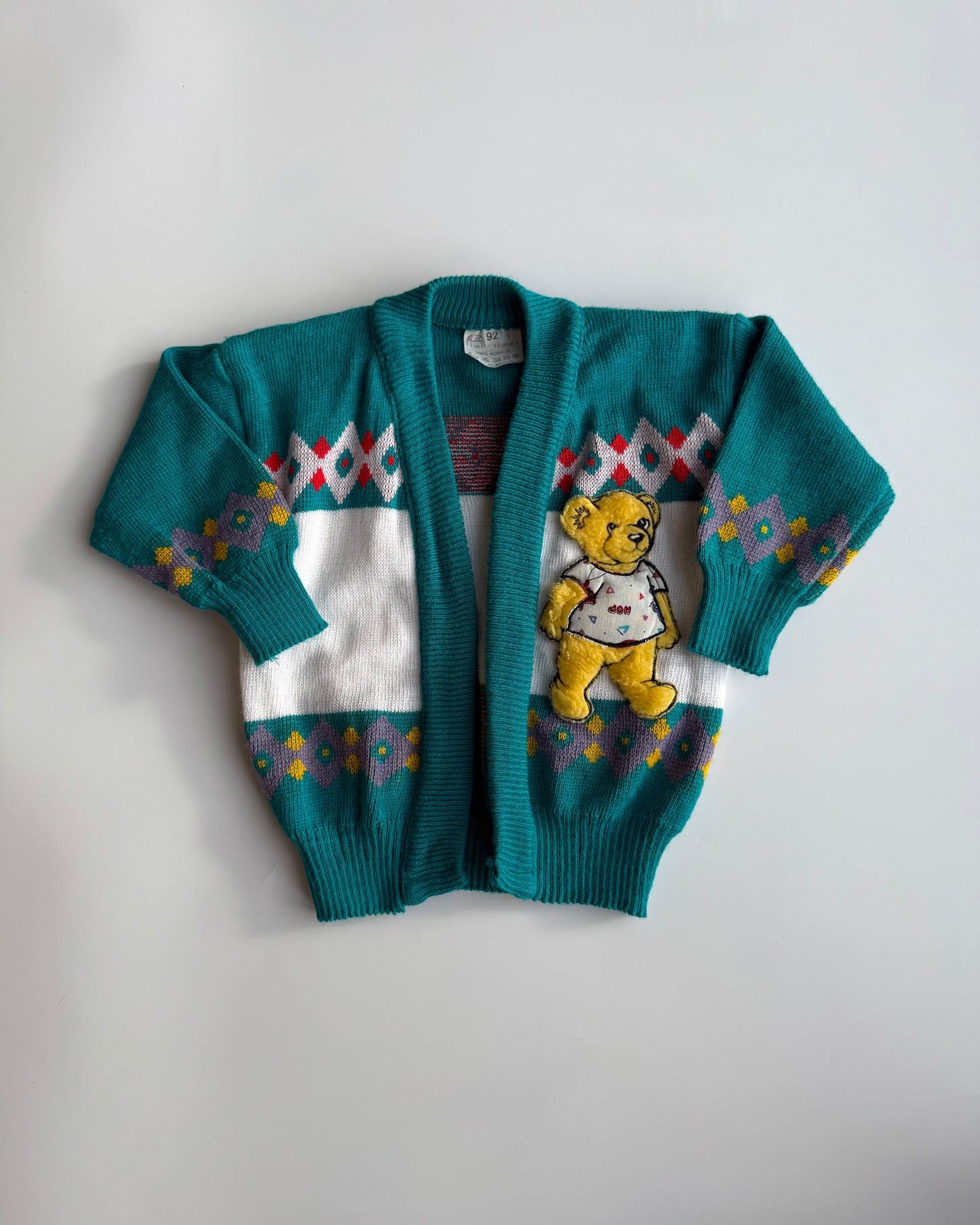 Vintage Teddy Bear Knit Cardigan 18-24 Months Teal Retro 90s European