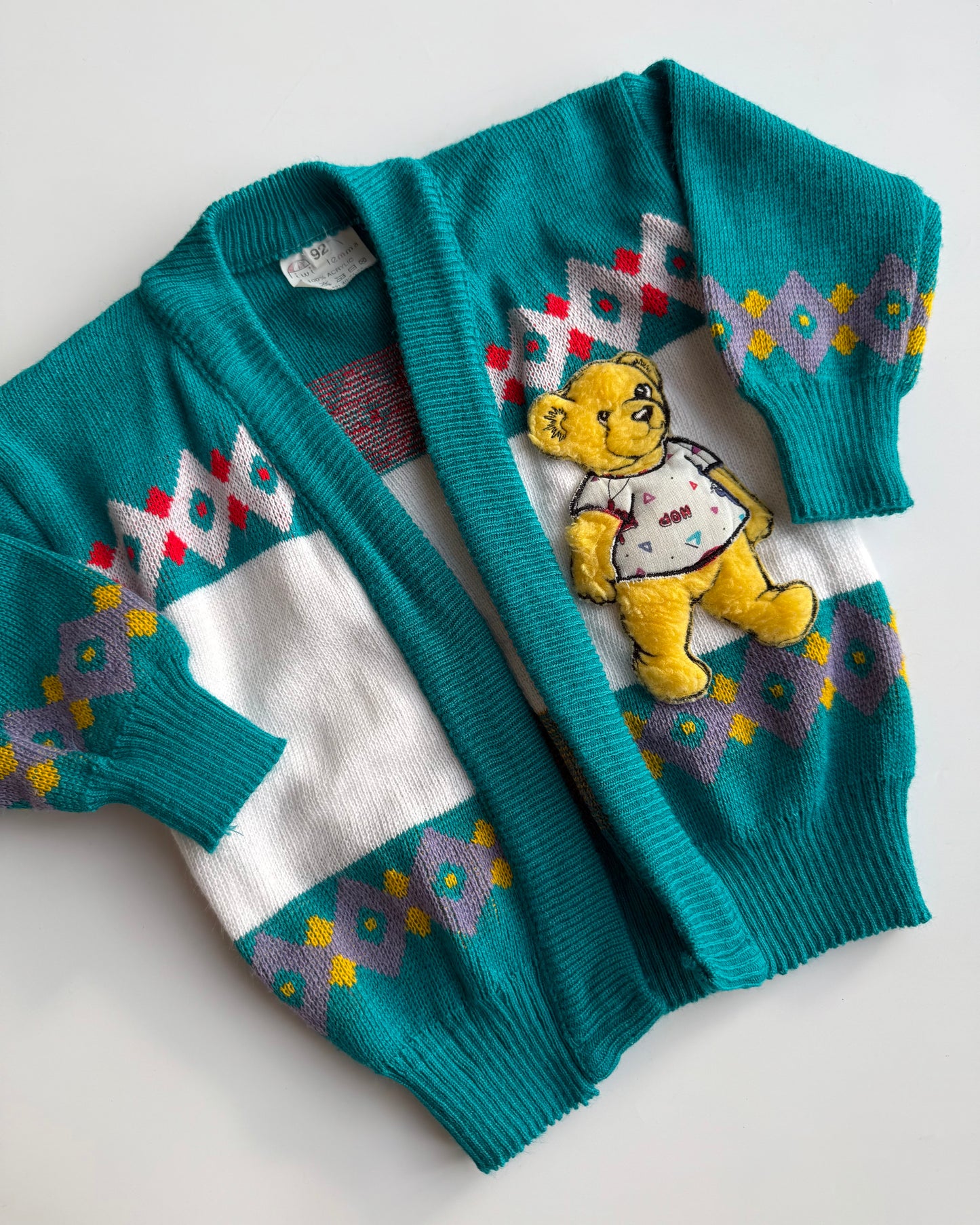 Vintage Teddy Bear Knit Cardigan 18-24 Months Teal Retro 90s European