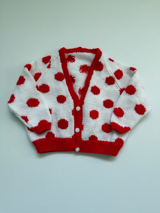 White & Red Retro Spotted Handknitted Cardigan (3-4Y)