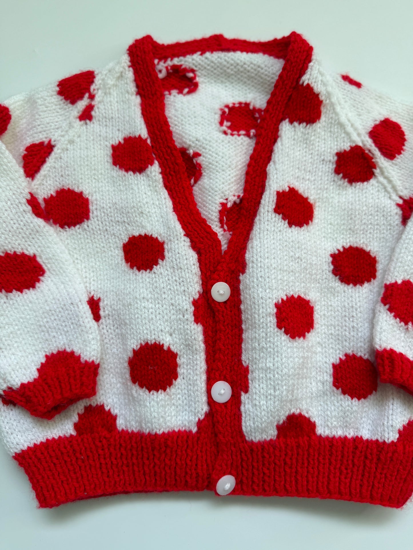 White & Red Retro Spotted Handknitted Cardigan (3-4Y)