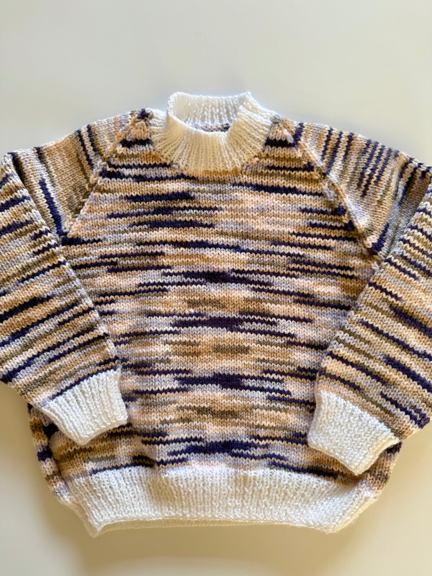 Handknitted white purple brown jumper (5Y)