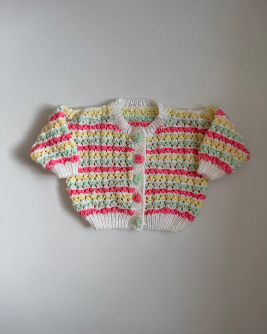Hand-knitted pastel stripe cardigan bobble buttons 6–12m