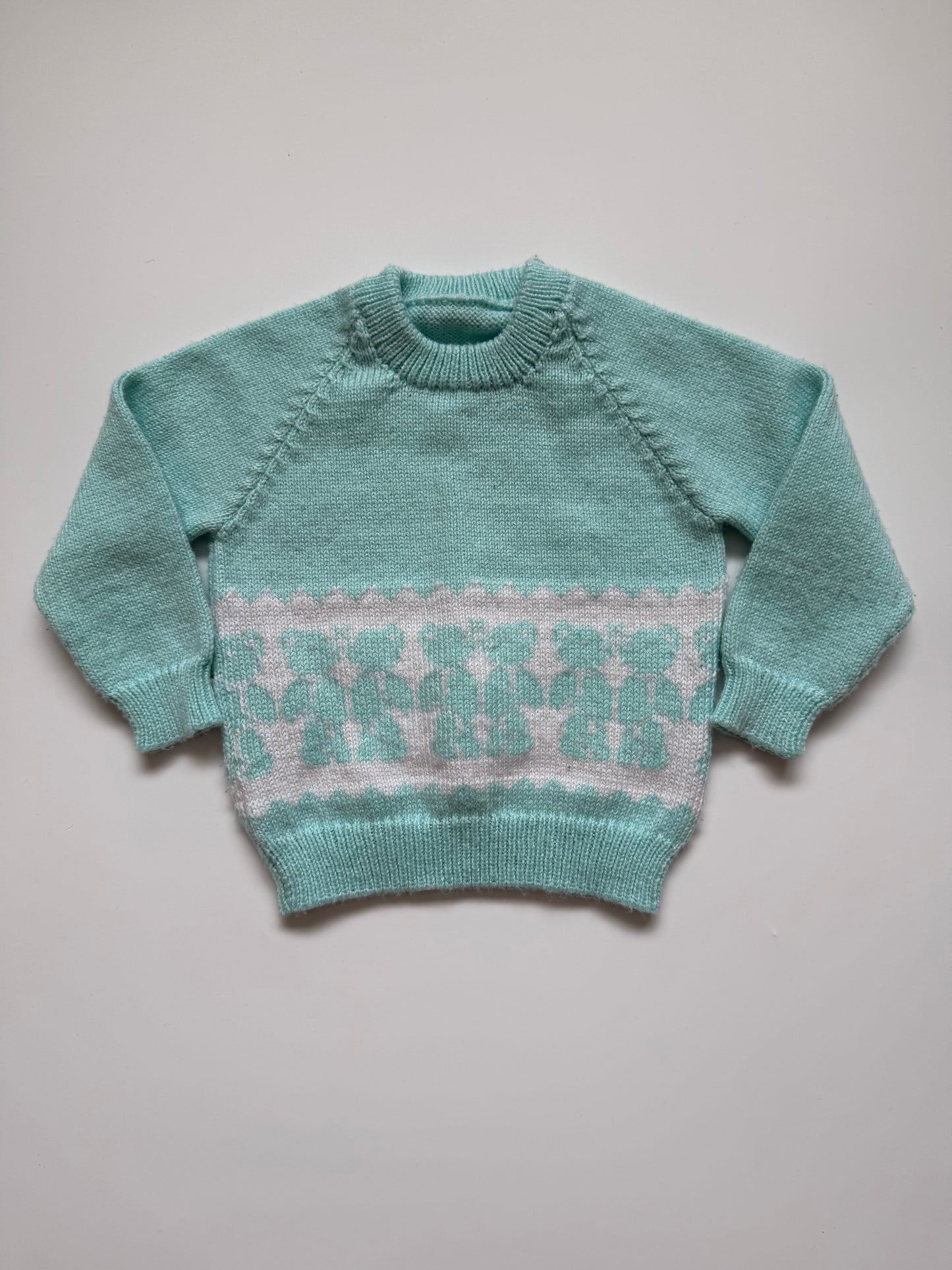 Vintage Knitted Mint Green Teddy Bear jumper (6-12M)