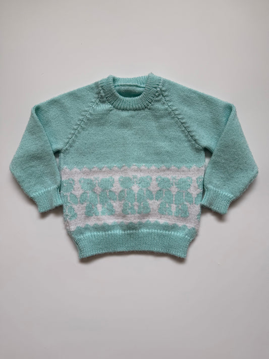 Vintage Knitted Mint Green Teddy Bear jumper (6-12M)