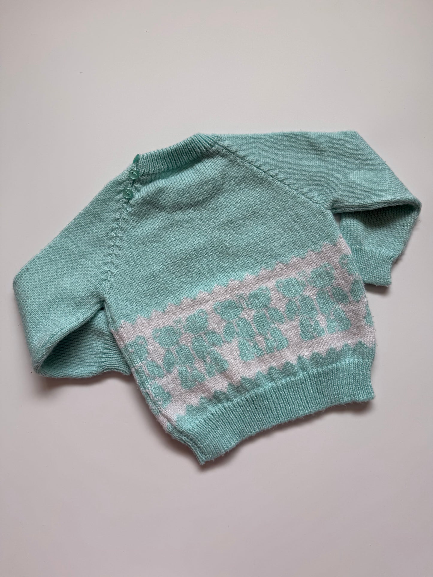 Vintage Knitted Mint Green Teddy Bear jumper (6-12M)