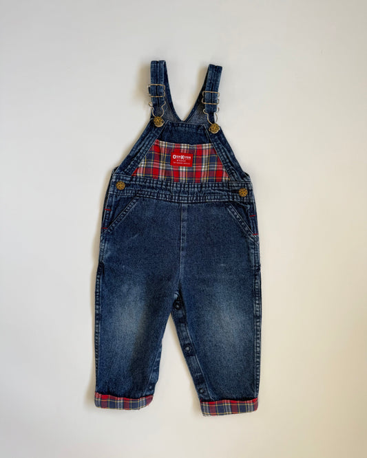 Vintage OshKosh Tartan Lined Denim Dungarees (12-18M)