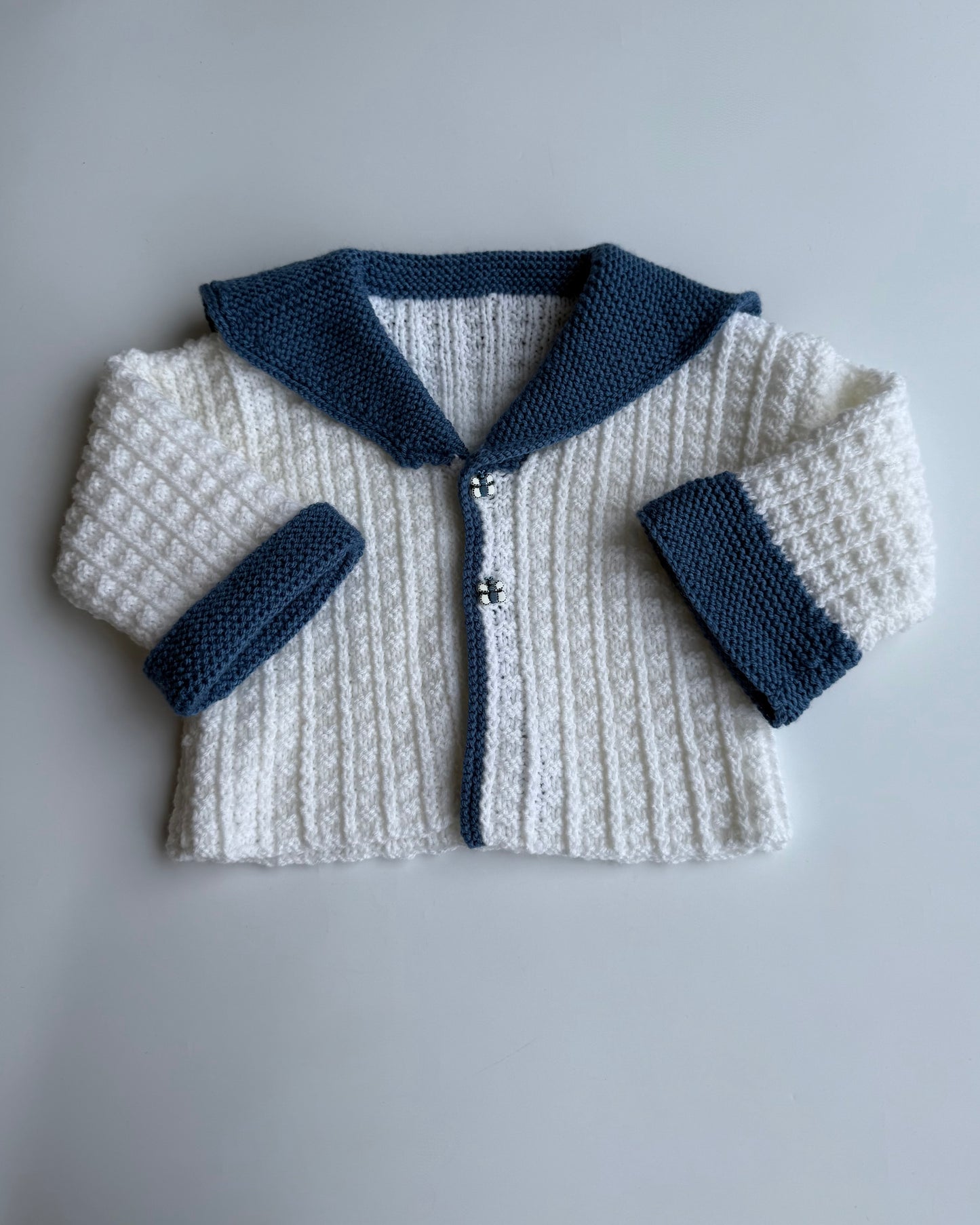 Hand Knitted Cardigan Sailor Collar Blue White 12-18M