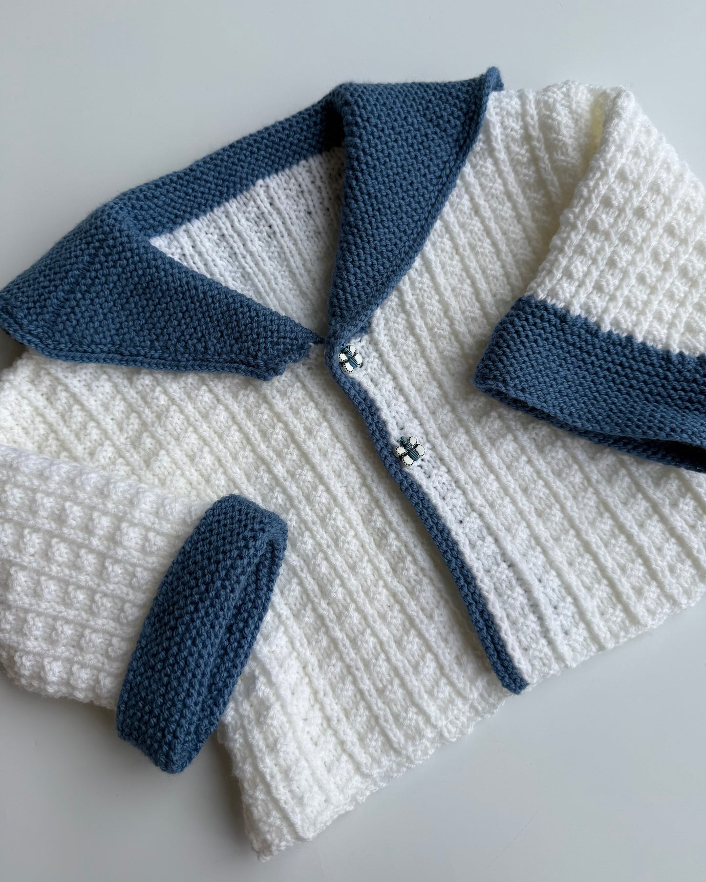 Hand Knitted Cardigan Sailor Collar Blue White 12-18M