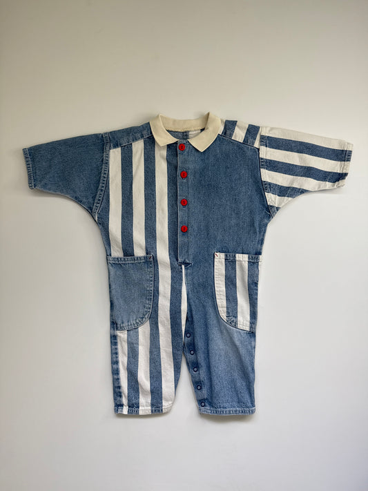 Vintage St Micheal Two-Tone Denim Striped Jumpsuit- Red Button Detail (12M)