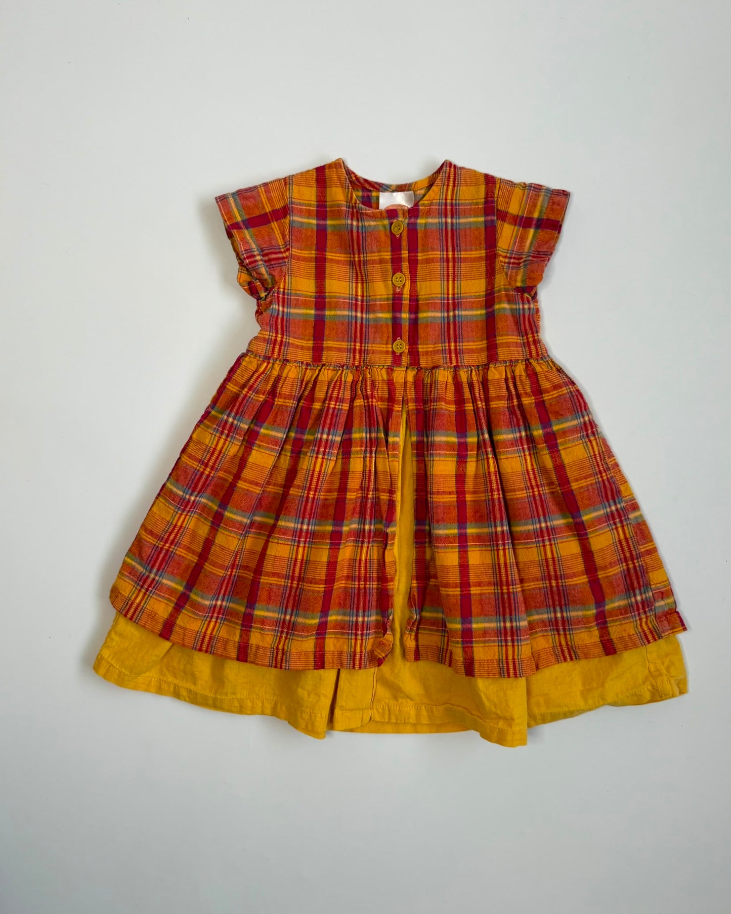 Vintage Tartan Cotton Girls Dress Mustard Autumn Prairie 12-18 Months
