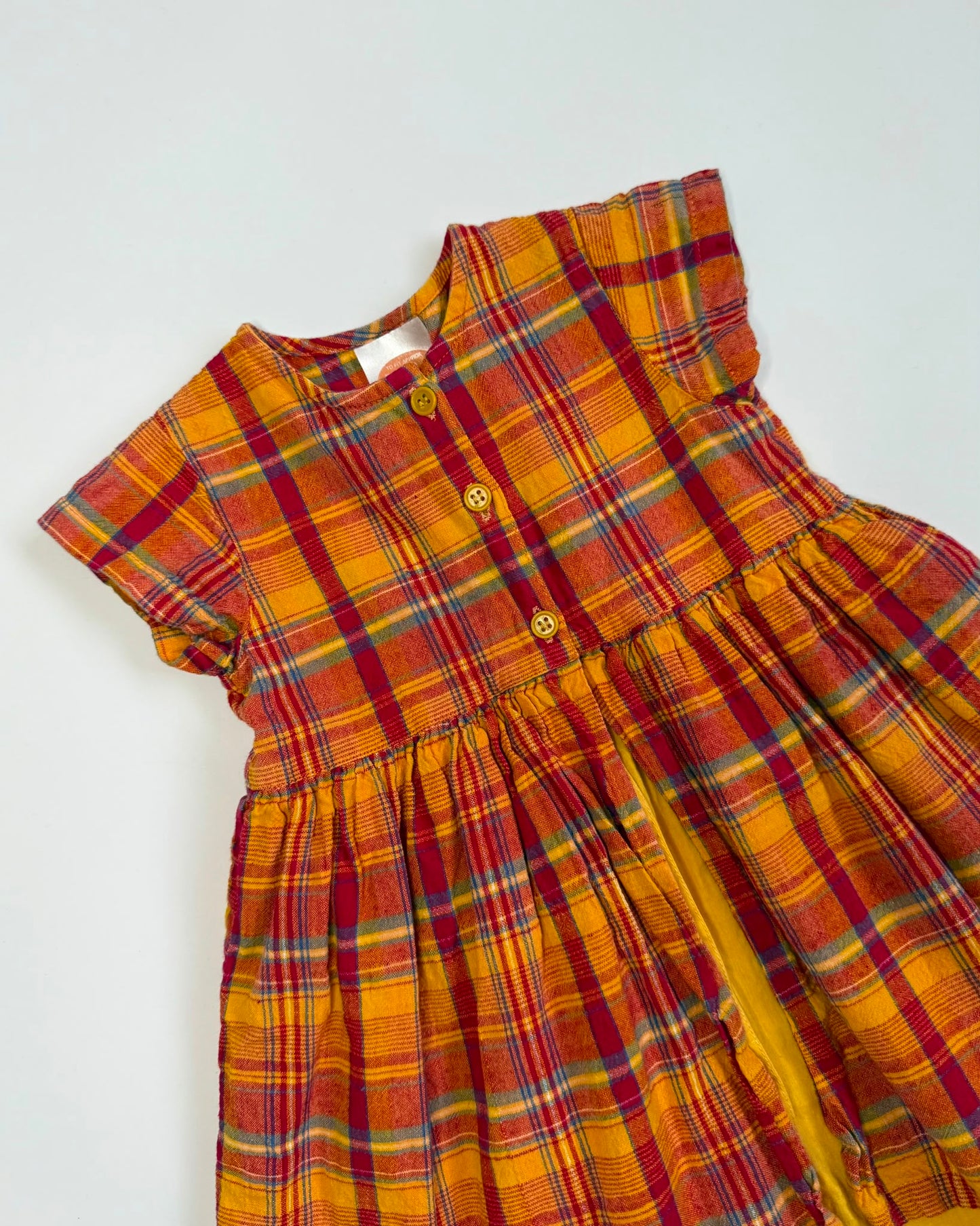 Vintage Tartan Cotton Girls Dress Mustard Autumn Prairie 12-18 Months