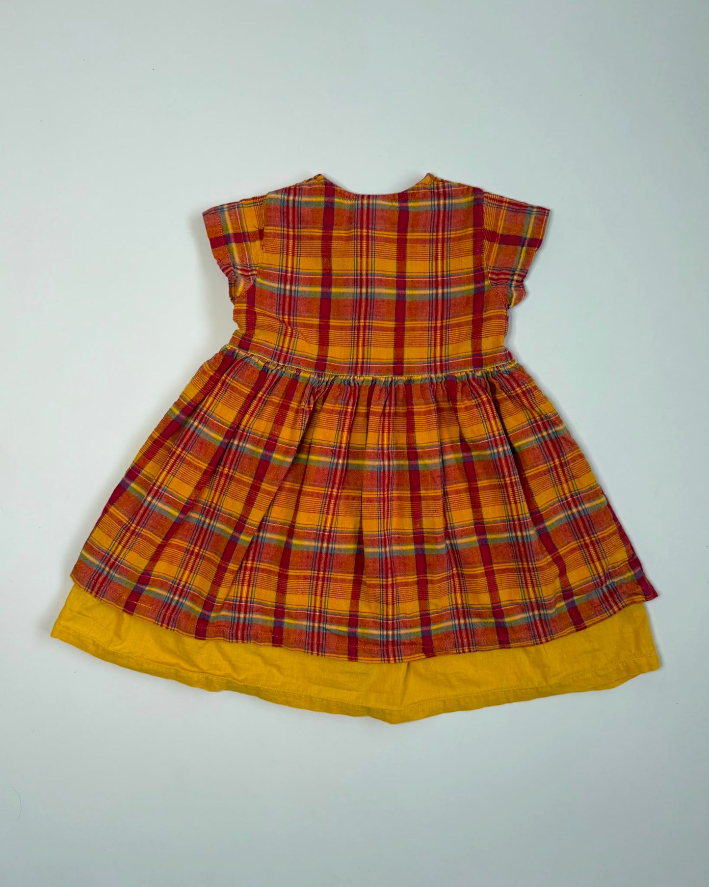 Vintage Tartan Cotton Girls Dress Mustard Autumn Prairie 12-18 Months