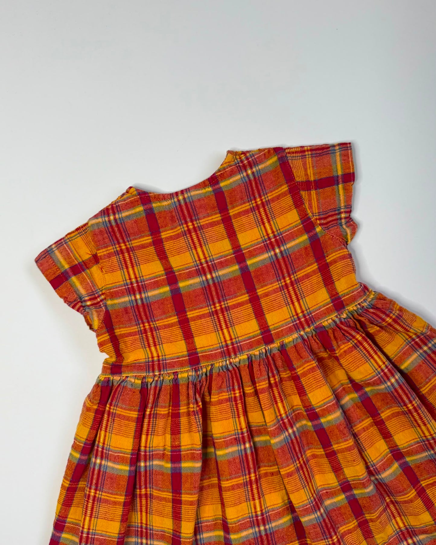 Vintage Tartan Cotton Girls Dress Mustard Autumn Prairie 12-18 Months