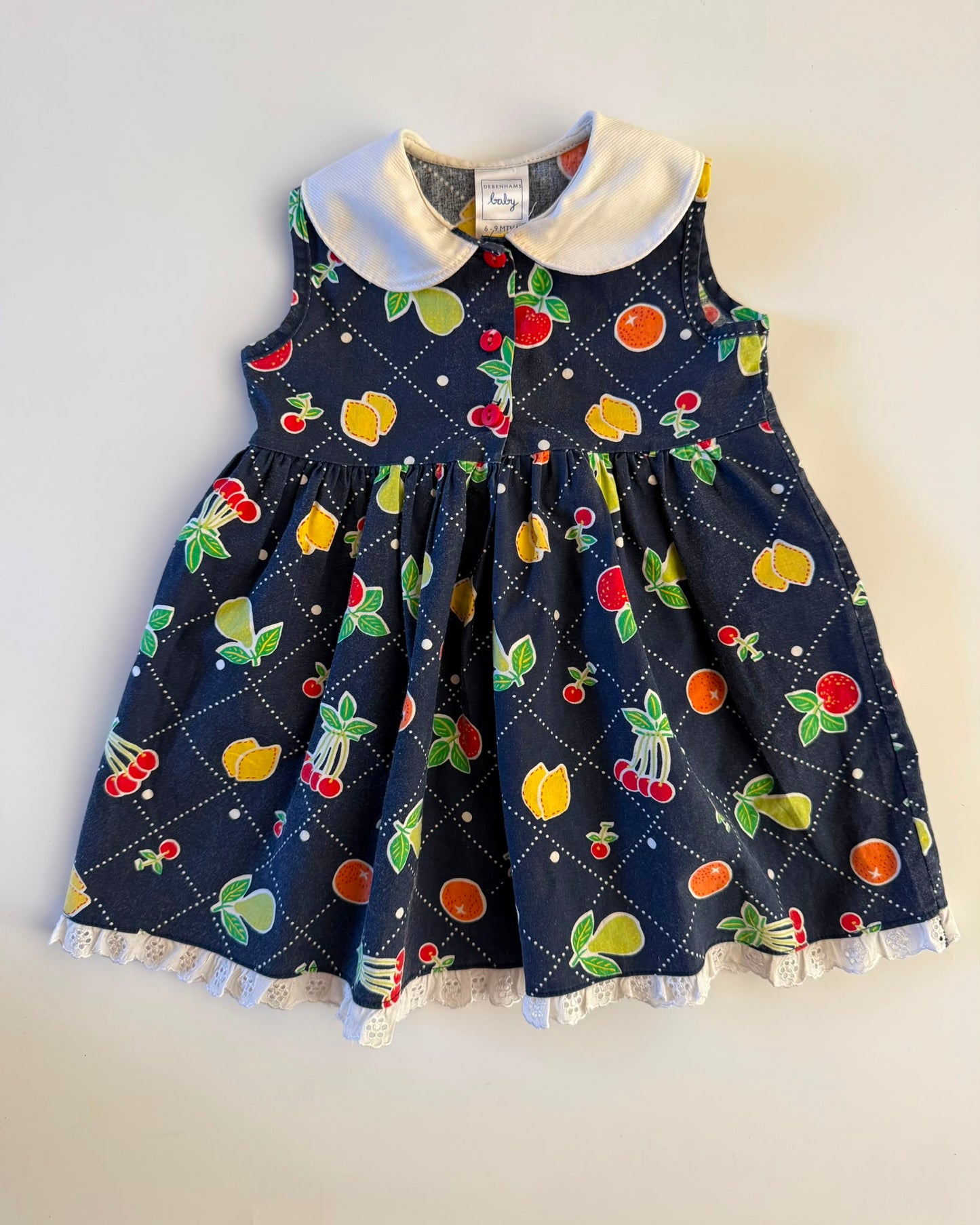 Vintage Debenhams Baby Fruit Print Peter Pan Collar Dress 6-9M