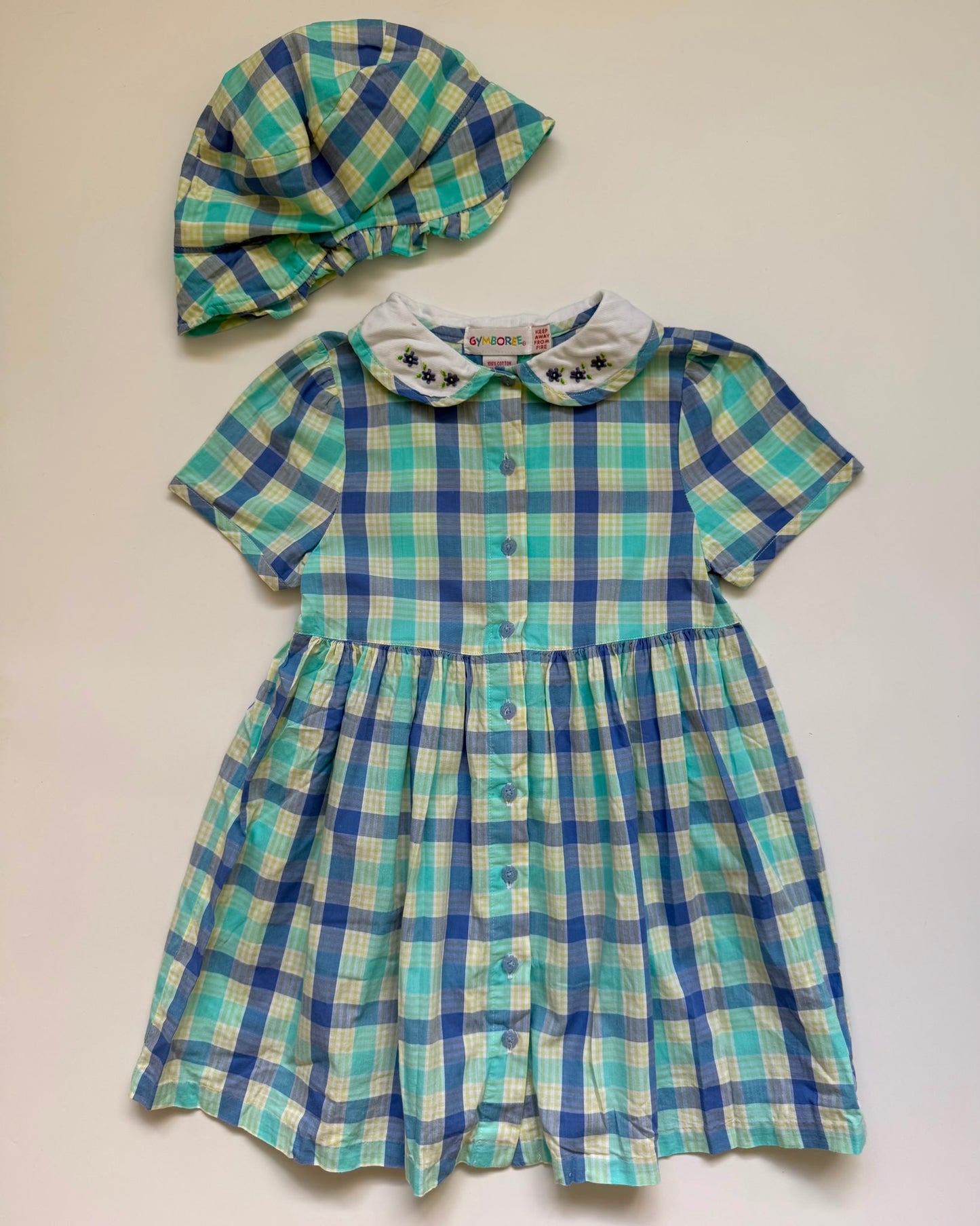 Vintage Gymboree Dress & matching Hat Blue Plaid Peter Pan Collar 4Y