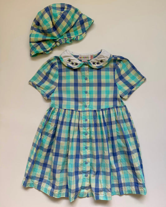 Vintage Gymboree Dress & matching Hat Blue Plaid Peter Pan Collar 4Y
