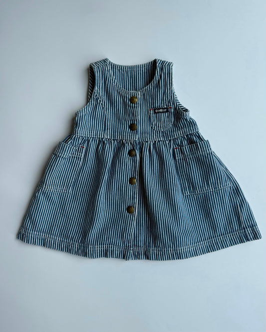 Vintage OshKosh B'gosh Hickory Stripe Denim Pinafore Dress Blue 6M