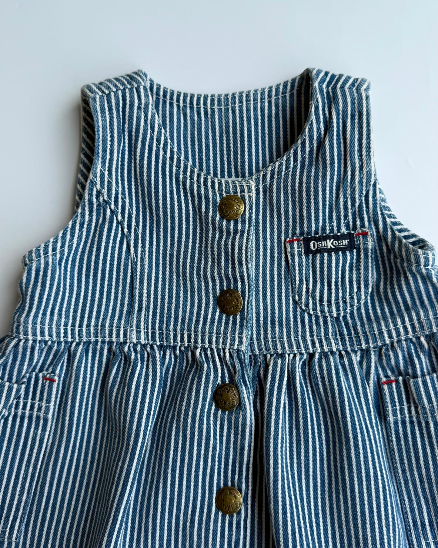 Vintage OshKosh B'gosh Hickory Stripe Denim Pinafore Dress Blue 6M