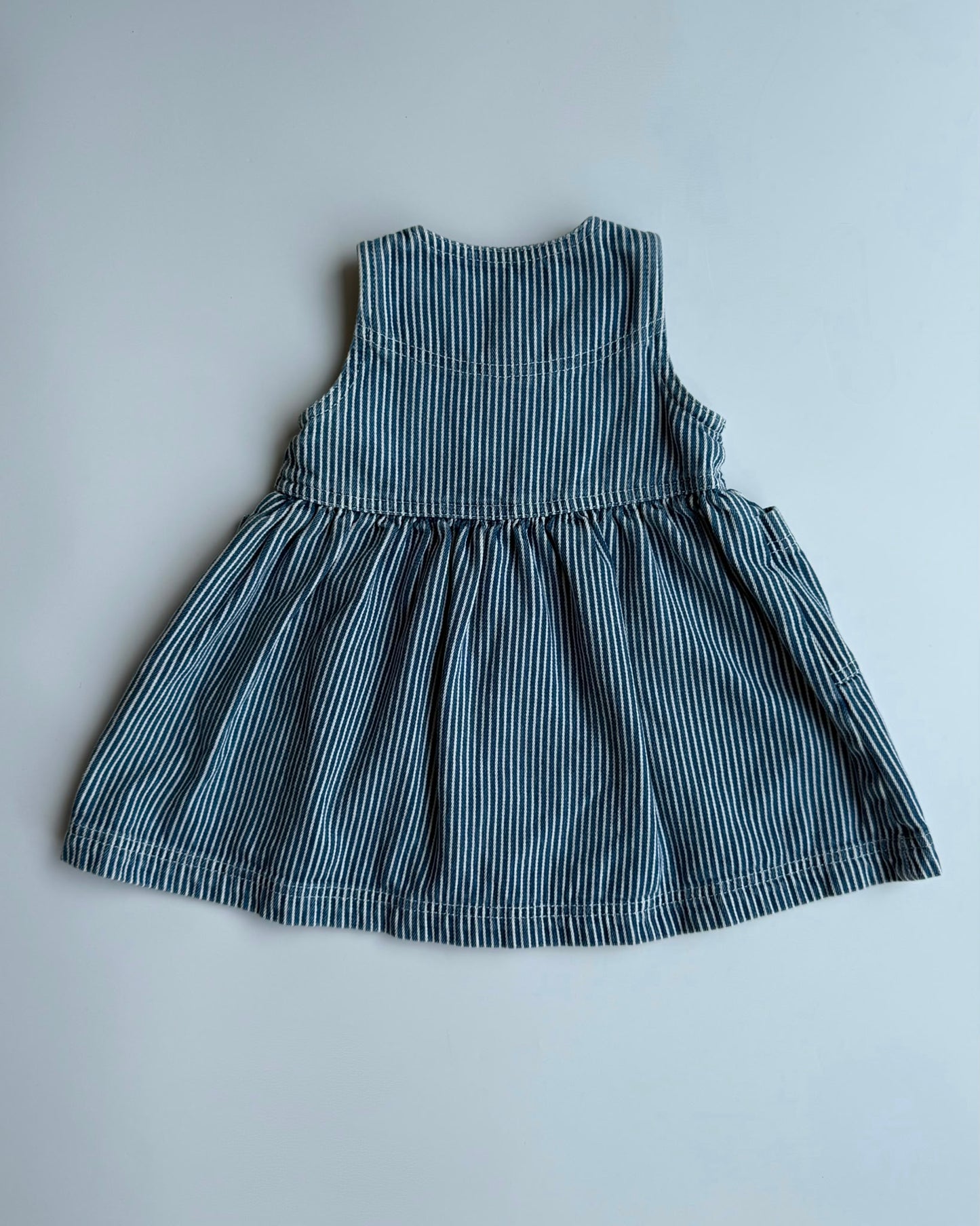 Vintage OshKosh B'gosh Hickory Stripe Denim Pinafore Dress Blue 6M