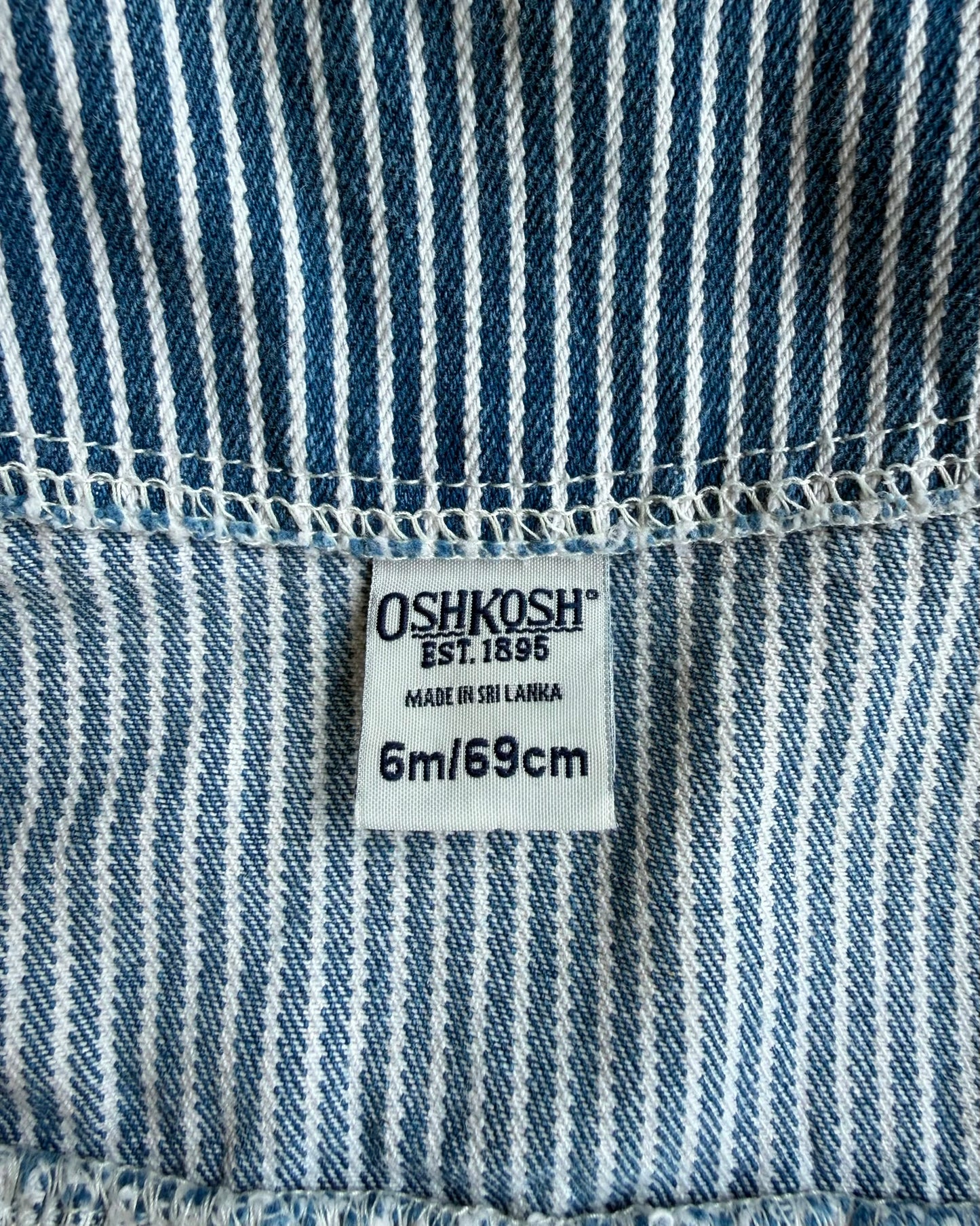 Vintage OshKosh B'gosh Hickory Stripe Denim Pinafore Dress Blue 6M