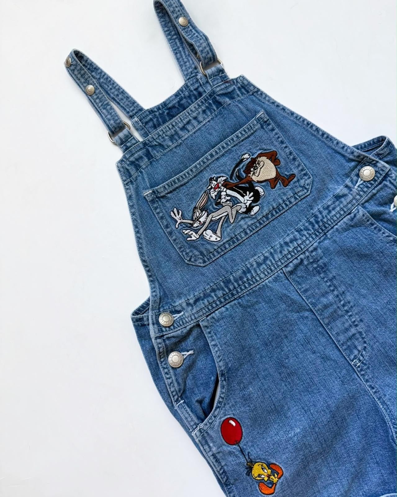 Vintage 1997 Warner Bros Looney Tunes Denim Shortalls Dungarees 4-6Y