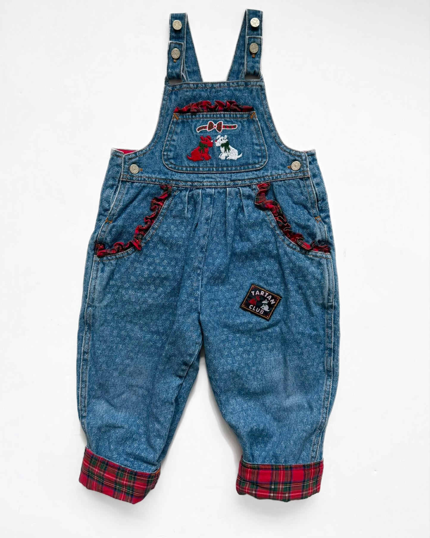 Vintage St Michael Tartan Denim Dungarees 18-24M 2Y 90cm